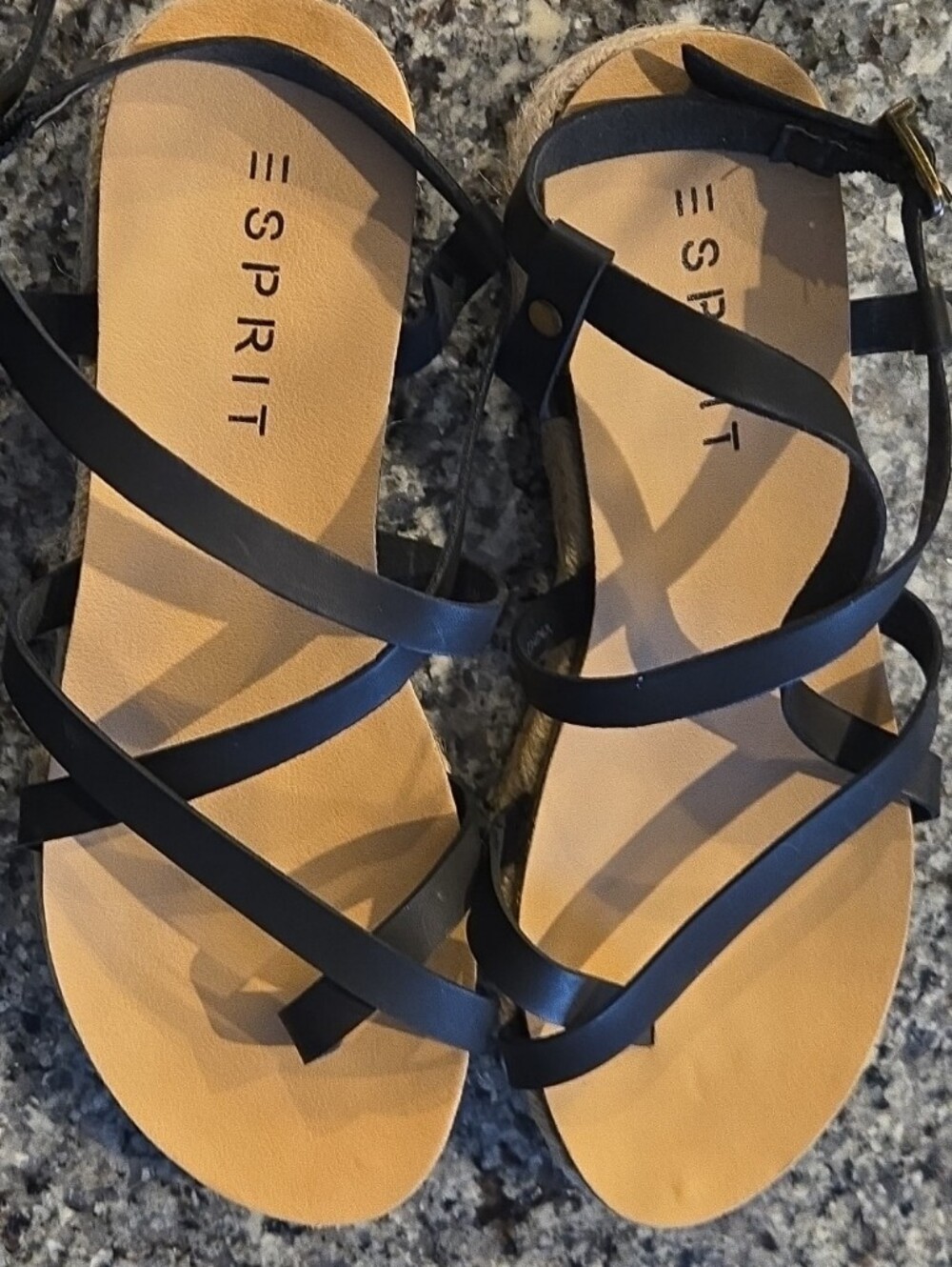 Esprit Black Strappy Flat Sandals with Tan Footbed